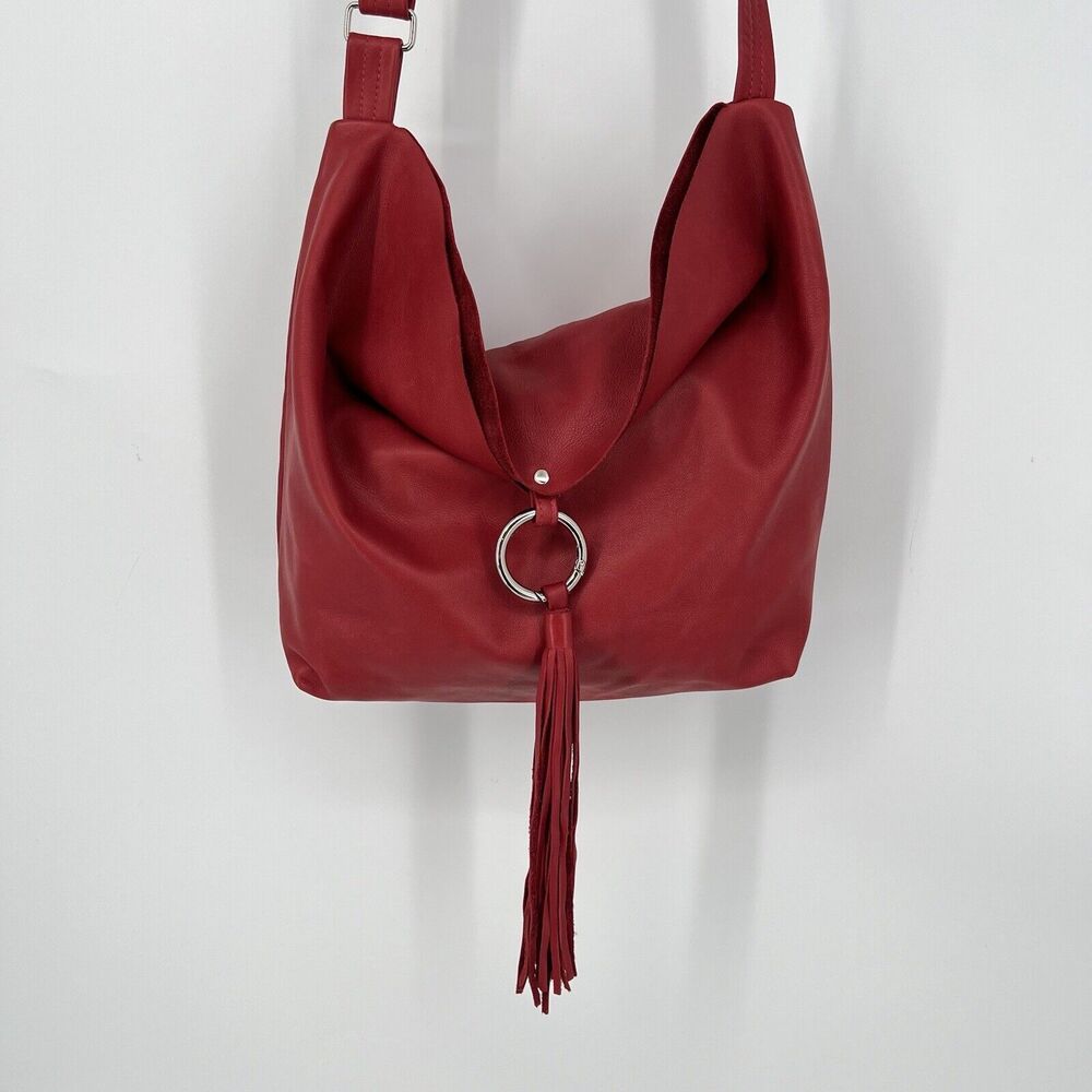 Mayko Leather Hobo Raw Handbag Crossbody Red Tassel Minimalist - Picture 2 of 12